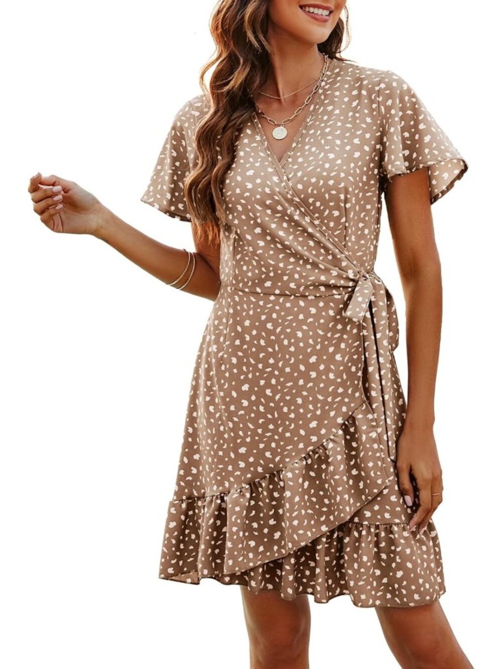 Chic Summer Wrap Dress - V Neck Polka Dot, Ruffle Short Sleeve, Mini Floral Boho